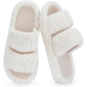 imageRockDove Womens Pluffie Chic Open Toe Faux Fur Slippers with Memory Foam Cozy House Shoes for Indoor Outdoor WearNatural