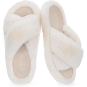imageRockDove Womens Furrie Faux Fur Slide Slippers with Memory Foam Stylish House Shoes for IndoorOutdoor WearBeige Cross