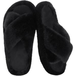 imageRockDove Womens Furrie Faux Fur Slide Slippers with Memory Foam Stylish House Shoes for IndoorOutdoor WearBlack Cross