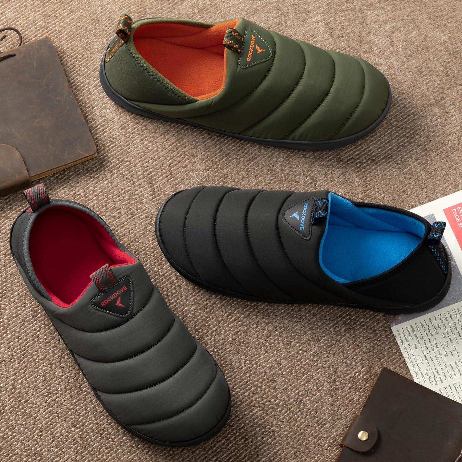 imageRockDove Mens Pufflite TwoTone Quilted Loafer Slipper with IndoorOutdoor SoleDark GreyRed