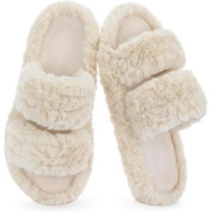 imageRockDove Womens Pluffie Slippers with Arch Support ampamp Memory Foam Cozy Faux Fur Open Toe House Shoes GiftReady Indoor Outdoor ComfortBeige