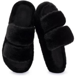 imageRockDove Womens Pluffie Slippers with Arch Support ampamp Memory Foam Cozy Faux Fur Open Toe House Shoes GiftReady Indoor Outdoor ComfortBlack