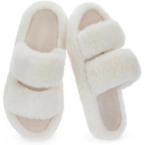 imageRockDove Womens Pluffie Slippers with Arch Support ampamp Memory Foam Cozy Faux Fur Open Toe House Shoes GiftReady Indoor Outdoor ComfortCream Beige