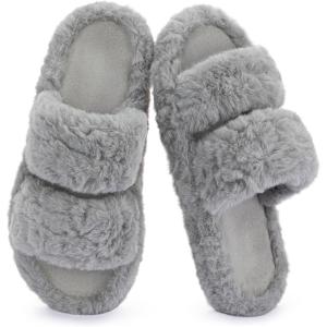 imageRockDove Womens Pluffie Slippers with Arch Support ampamp Memory Foam Cozy Faux Fur Open Toe House Shoes GiftReady Indoor Outdoor ComfortGrey