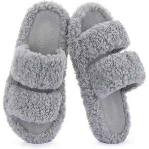 imageRockDove Womens Pluffie Slippers with Arch Support ampamp Memory Foam Cozy Faux Fur Open Toe House Shoes GiftReady Indoor Outdoor ComfortLight Grey