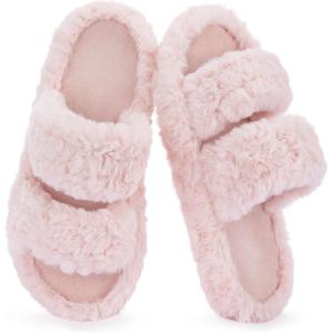 imageRockDove Womens Pluffie Slippers with Arch Support ampamp Memory Foam Cozy Faux Fur Open Toe House Shoes GiftReady Indoor Outdoor ComfortLight Pink