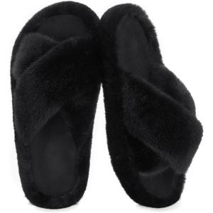 imageRockDove Womens Furrie Faux Fur Slide Slippers Arch Support Memory Foam Non Slip Indoor Outdoor Washable Gift ReadyBlack Cross