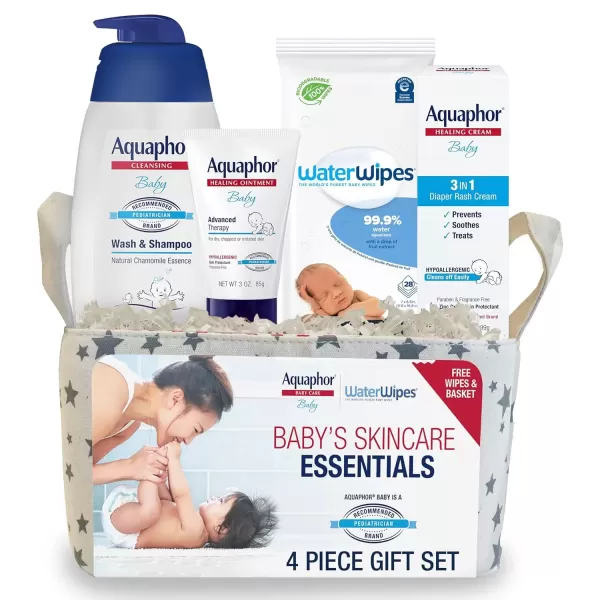 imageAquaphor Baby Skin Care Gift Set with Aquaphor Baby Wash and Shampoo Aquaphor Baby Healing Ointment Aquaphor Diaper Rash Cream and WaterWipes 4 Pieces