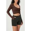 imageODODOS Long Sleeve Ruched Front Crop Tops with Thumb Hole for Women Seamless Ribbed Cropped TeeBlackbrunette