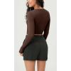 imageODODOS Long Sleeve Ruched Front Crop Tops with Thumb Hole for Women Seamless Ribbed Cropped TeeBlackbrunette