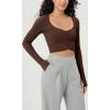 imageODODOS Long Sleeve Ruched Front Crop Tops with Thumb Hole for Women Seamless Ribbed Cropped TeeBrunette