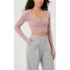 imageODODOS Long Sleeve Ruched Front Crop Tops with Thumb Hole for Women Seamless Ribbed Cropped TeePink