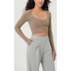 imageODODOS Long Sleeve Ruched Front Crop Tops with Thumb Hole for Women Seamless Ribbed Cropped TeeTaupe