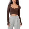 imageODODOS Long Sleeve Ruched Front Crop Tops with Thumb Hole for Women Seamless Ribbed Cropped TeeBrunette