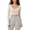 imageODODOS Long Sleeve Ruched Front Crop Tops with Thumb Hole for Women Seamless Ribbed Cropped TeeIvory