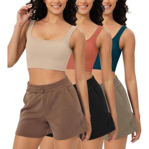 imageODODOS 3Pack Seamless Square Neck Crop Tank for Women Ribbed Knit Soft Low Back Cropped TopsBeigecoralteal
