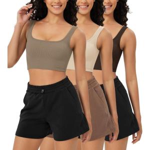 imageODODOS 3Pack Seamless Square Neck Crop Tank for Women Ribbed Knit Soft Low Back Cropped TopsBrunetteoatmealtaupe