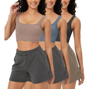 imageODODOS 3Pack Seamless Square Neck Crop Tank for Women Ribbed Knit Soft Low Back Cropped TopsCharcoaldusty Bluebark