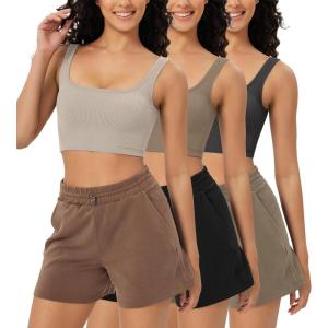 imageODODOS 3Pack Seamless Square Neck Crop Tank for Women Ribbed Knit Soft Low Back Cropped TopsMushroomtaupecharcoal