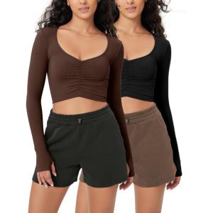 imageODODOS Long Sleeve Ruched Front Crop Tops with Thumb Hole for Women Seamless Ribbed Cropped TeeBlackbrunette