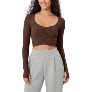imageODODOS Long Sleeve Ruched Front Crop Tops with Thumb Hole for Women Seamless Ribbed Cropped TeeBrunette