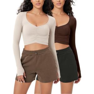imageODODOS Long Sleeve Ruched Front Crop Tops with Thumb Hole for Women Seamless Ribbed Cropped TeeBrunetteivory