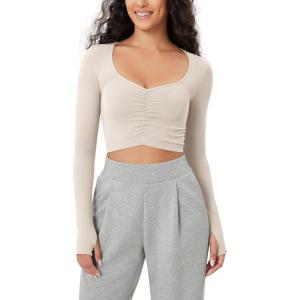 imageODODOS Long Sleeve Ruched Front Crop Tops with Thumb Hole for Women Seamless Ribbed Cropped TeeIvory