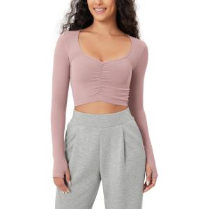 imageODODOS Long Sleeve Ruched Front Crop Tops with Thumb Hole for Women Seamless Ribbed Cropped TeePink