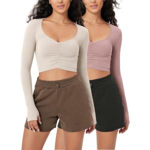 imageODODOS Long Sleeve Ruched Front Crop Tops with Thumb Hole for Women Seamless Ribbed Cropped TeePinkivory