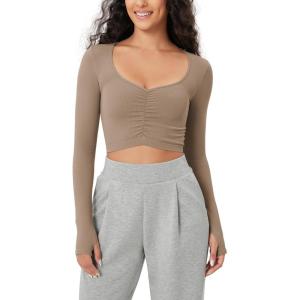 imageODODOS Long Sleeve Ruched Front Crop Tops with Thumb Hole for Women Seamless Ribbed Cropped TeeTaupe