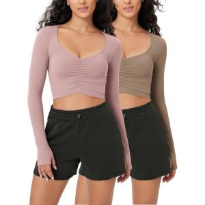 imageODODOS Long Sleeve Ruched Front Crop Tops with Thumb Hole for Women Seamless Ribbed Cropped TeeTaupepink