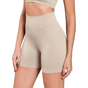 imageODODOS Seamless Biker Shorts for Women 5quot Inseam Ribbed High Waisted Running Yoga ShortsCloud Cream