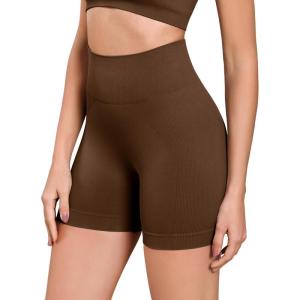 imageODODOS Seamless Biker Shorts for Women 5quot Inseam Ribbed High Waisted Running Yoga ShortsDark Brown