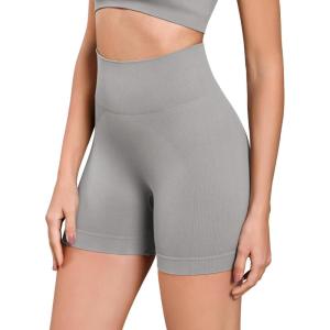 imageODODOS Seamless Biker Shorts for Women 5quot Inseam Ribbed High Waisted Running Yoga ShortsGray