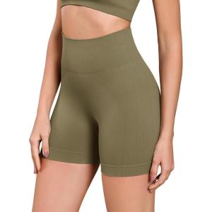 imageODODOS Seamless Biker Shorts for Women 5quot Inseam Ribbed High Waisted Running Yoga ShortsNutria