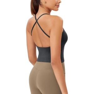 imageODODOS Seamless Padded Sports Bra for Women CrissCross Back Longline Wirefree Brami Ribbed Crop Tank TopsBlack
