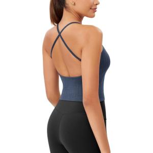 imageODODOS Seamless Padded Sports Bra for Women CrissCross Back Longline Wirefree Brami Ribbed Crop Tank TopsDenim Blue