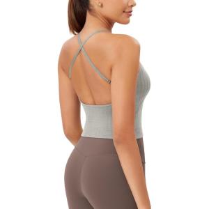 imageODODOS Seamless Padded Sports Bra for Women CrissCross Back Longline Wirefree Brami Ribbed Crop Tank TopsGrey