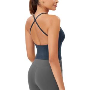 imageODODOS Seamless Padded Sports Bra for Women CrissCross Back Longline Wirefree Brami Ribbed Crop Tank TopsNavy