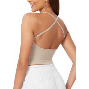 imageODODOS Seamless Padded Sports Bra for Women CrissCross Back Longline Wirefree Brami Ribbed Crop Tank TopsOyster White