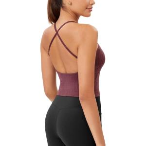 imageODODOS Seamless Padded Sports Bra for Women CrissCross Back Longline Wirefree Brami Ribbed Crop Tank TopsWine