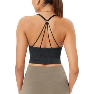 imageODODOS Seamless Padded Sports Bra for Women Strappy Longline Wirefree Brami Ribbed Crop Tank TopsBlack