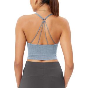 imageODODOS Seamless Padded Sports Bra for Women Strappy Longline Wirefree Brami Ribbed Crop Tank TopsCoastline