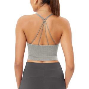 imageODODOS Seamless Padded Sports Bra for Women Strappy Longline Wirefree Brami Ribbed Crop Tank TopsGrey