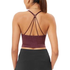 imageODODOS Seamless Padded Sports Bra for Women Strappy Longline Wirefree Brami Ribbed Crop Tank TopsWine
