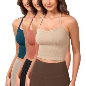 imageODODOS Seamless Sweetheart Neck Crop Tank for Women Ribbed Strappy Racerback Cropped Cami TopsBeigecoralteal