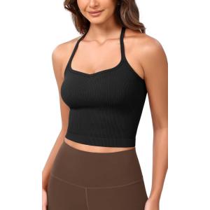 imageODODOS Seamless Sweetheart Neck Crop Tank for Women Ribbed Strappy Racerback Cropped Cami TopsBlack