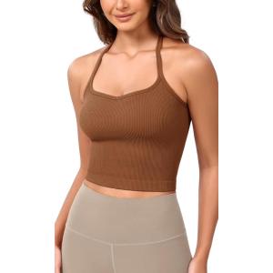 imageODODOS Seamless Sweetheart Neck Crop Tank for Women Ribbed Strappy Racerback Cropped Cami TopsClay