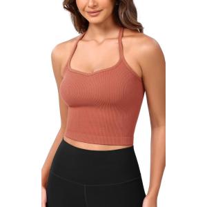 imageODODOS Seamless Sweetheart Neck Crop Tank for Women Ribbed Strappy Racerback Cropped Cami TopsCoral