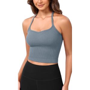 imageODODOS Seamless Sweetheart Neck Crop Tank for Women Ribbed Strappy Racerback Cropped Cami TopsDusty Blue